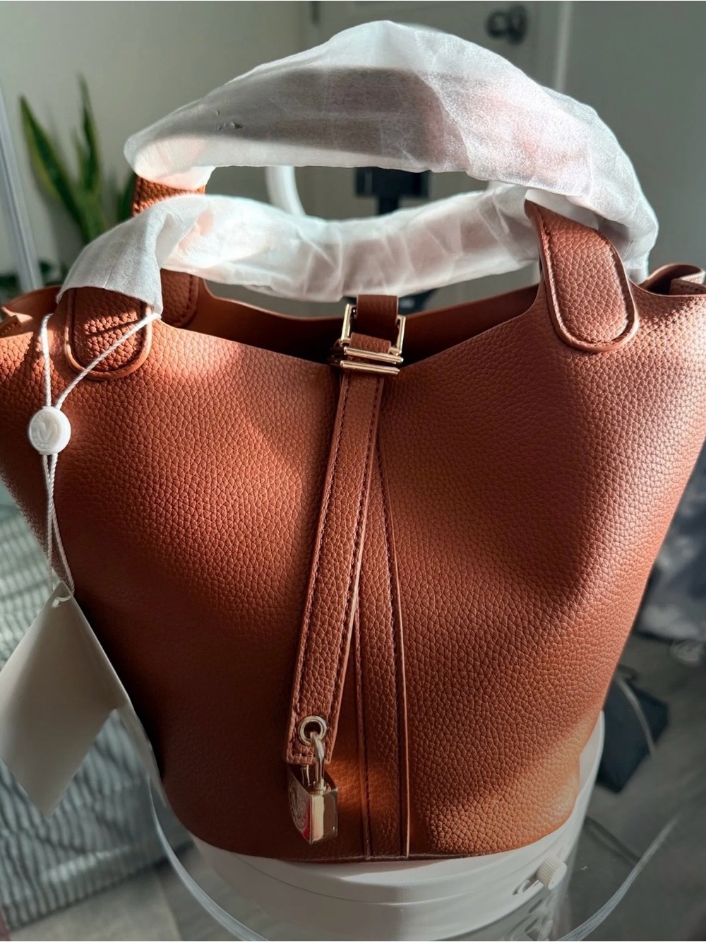 Valentino Orlandi Pebbled Leather Bucket Tote in Cognac